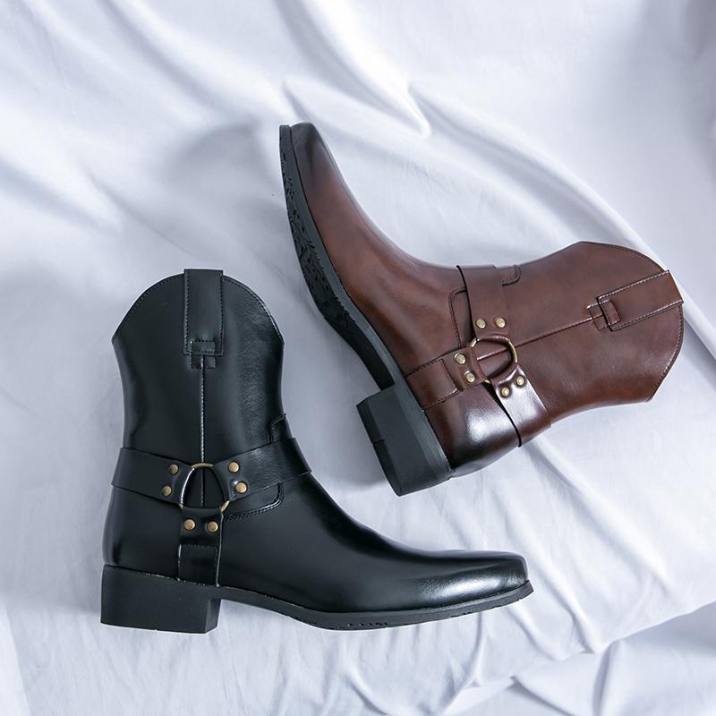 Men's Western Style Cowboy Boots - Pointed Toe, High-Top Leather Martin Boots