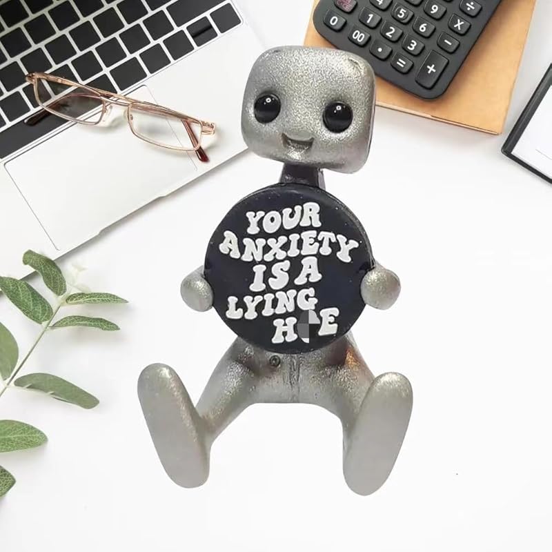 Cute Robot Statue, Your Anxiety Is A Lying H*e Robot Figurine Resin Art Toy Mental Health Kawaii Desk Buddy, Funny Robot Image Motivational Desktop