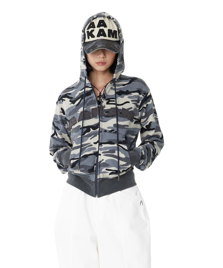 Aakam Contrast Logo Zip-Up Hoodie (Gray)