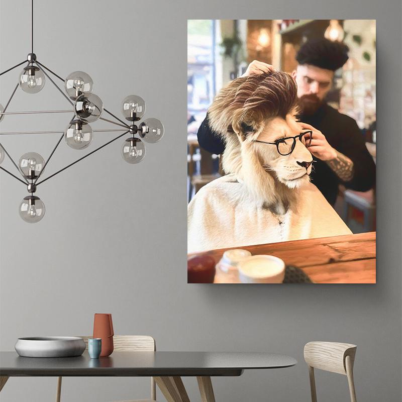Funny Hairstyle A Lion At The Barbershop Hairdresser Art Poster Canvas Painting Wall Prints Picture Room Barbershop Home Decor