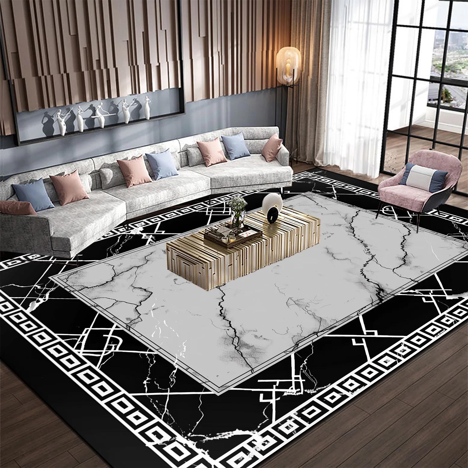 Light Luxury Marble Style Carpet Living Room Non-slip Black White Decoration Home Sofa Table Floor Mat Rugs for Bedroom Washable