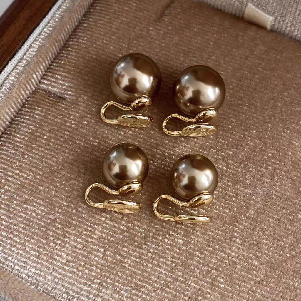 Vintage Champagne Brown Pearl Stud Earrings - 925 Sterling Silver, Sweet & Stylish Design for Women