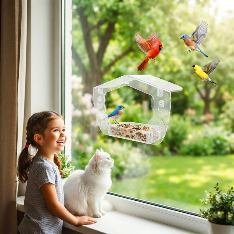 Clear Acrylic Bird Feeder Dining Tray with Suction Cups for Small to Medium Birds, Glass Mount Viewing Station for Outdoor Window Glass Use