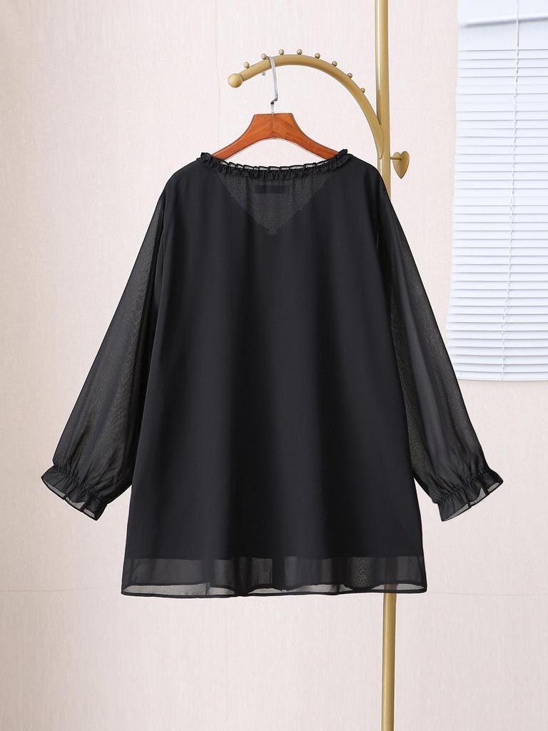 Camicia da Donna Taglie Forti in Chiffon a Maniche Lunghe con Maniche a Campana – Top Lento alla Moda per la Primavera