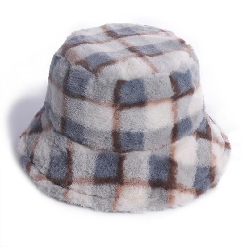 2025 Autumn and Winter On the New Plaid Bucket Hat Korean Version of Rabbit Fur Plush Travel Warm Versatile Chi Tide Basin Hat