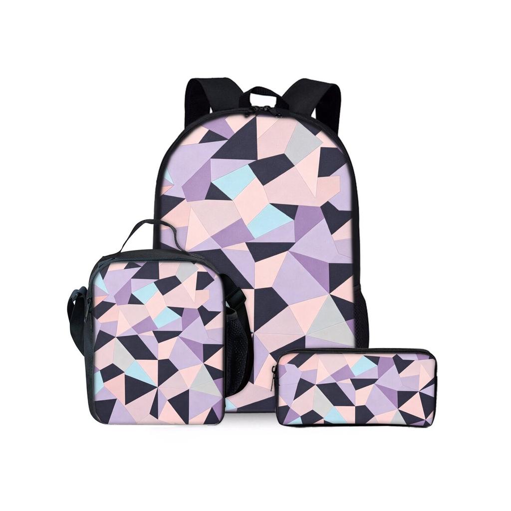 Geometric Triangle Print Three Piece Backpacks Set for Boy and Girls Best Gifts 2D Flat Cartoon School Bag for Children