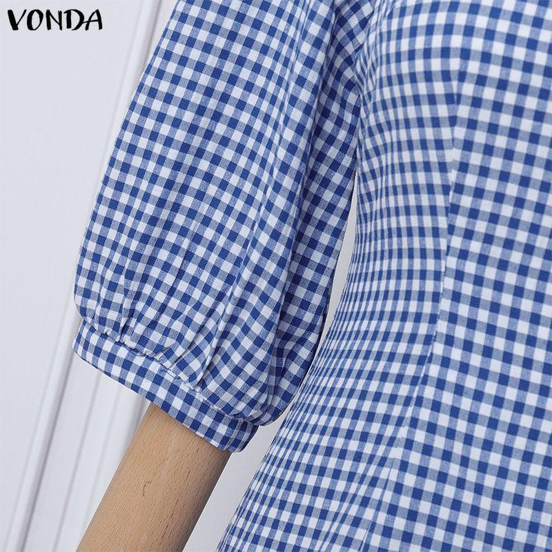 VONDA Women Square Collar 3/4 Sleeve Lace Hem Casual Plaid Mini Dress