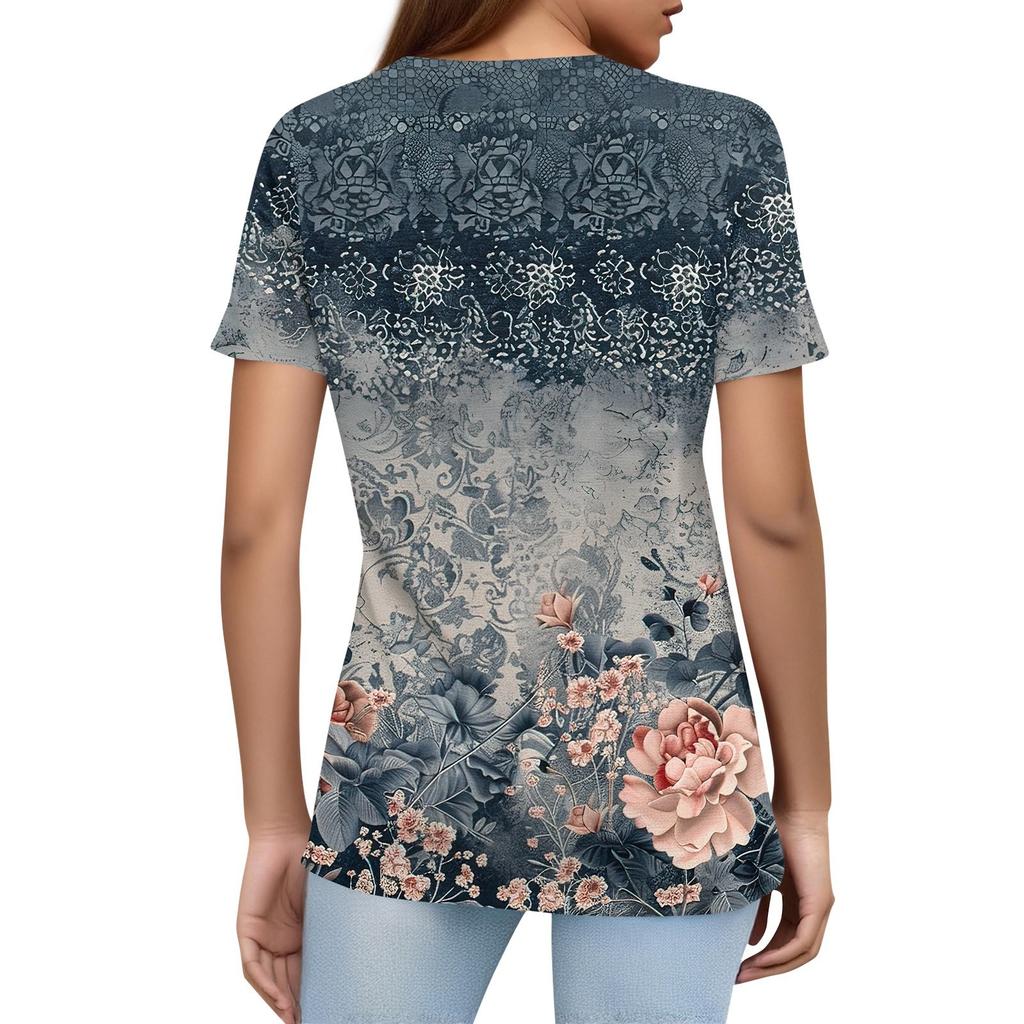 Women's T Shirt Print Button Short Sleeve Daily Weekend Fashion Basic V- Neck Regular Top