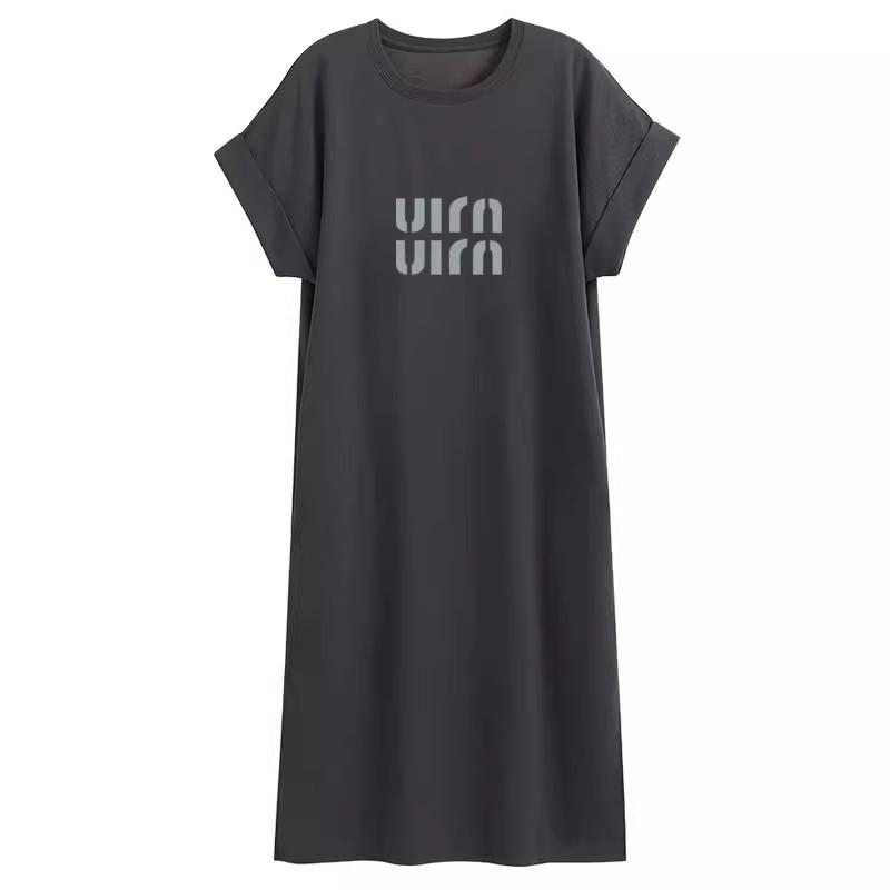 Chic European Letter Print Short Sleeve Maternity T-Shirt Dress with Summer Irregular Split Design XL [135-150 lbs]