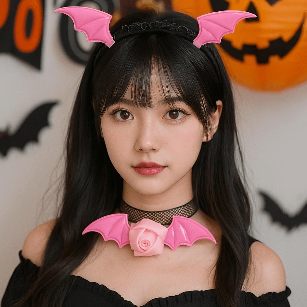 Flower Headband Necklace Set Mesh Halloween Hair Hoop Cute Bat Wings Hairband  Women