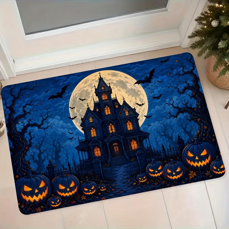 Halloween Dark Castle Pumpkin Lamp Flannel Mat Entrance Door Hallway Bathroom Anti-Slip Water-Absorbing Foot Mat