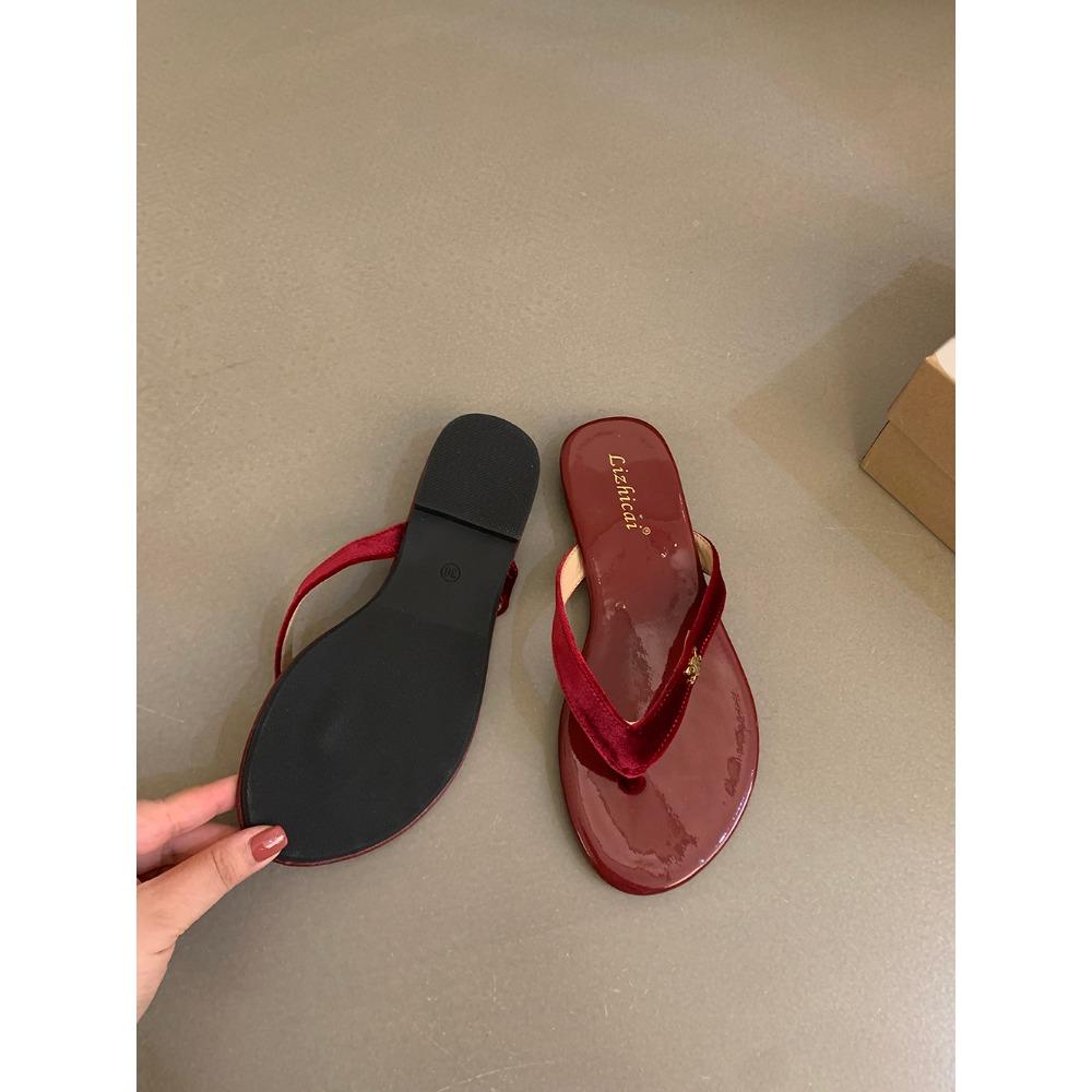 Luxury Velvet Flip Flops Woman Brand Design Deep Red Velour Slippers Ladies Flat Thong Sandals Summer Casual Shoes