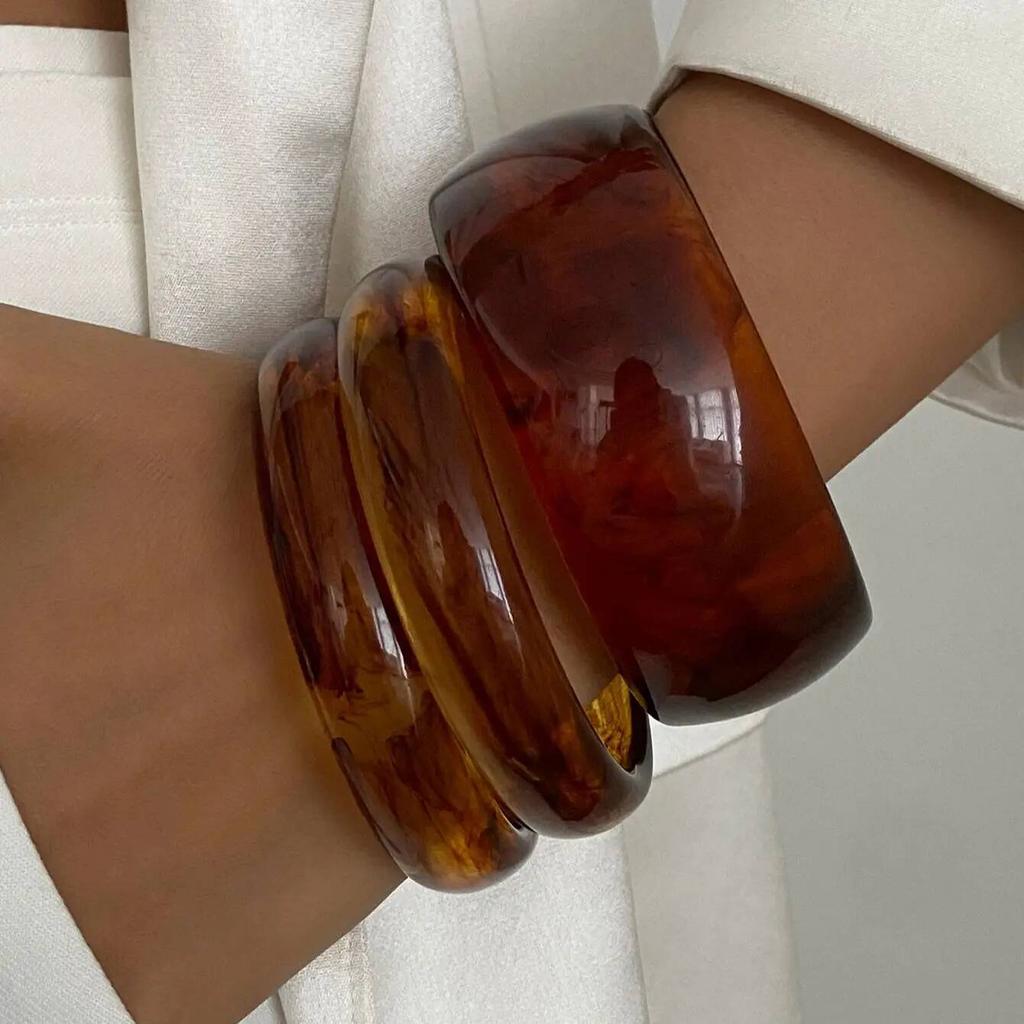 Ingemark 3Pcs/Set Vintage Brown Resin Bracelets Women New Trend Boho Stacking Up Charm Bangles Daily Party Jewelry Accessories