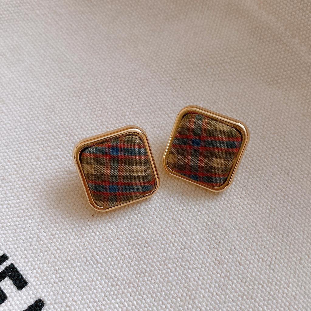 Silver Needle Retro Hong Kong Style Square Fabric Plaid Earrings Earrings Autumn and Winter Personality Earrings Women