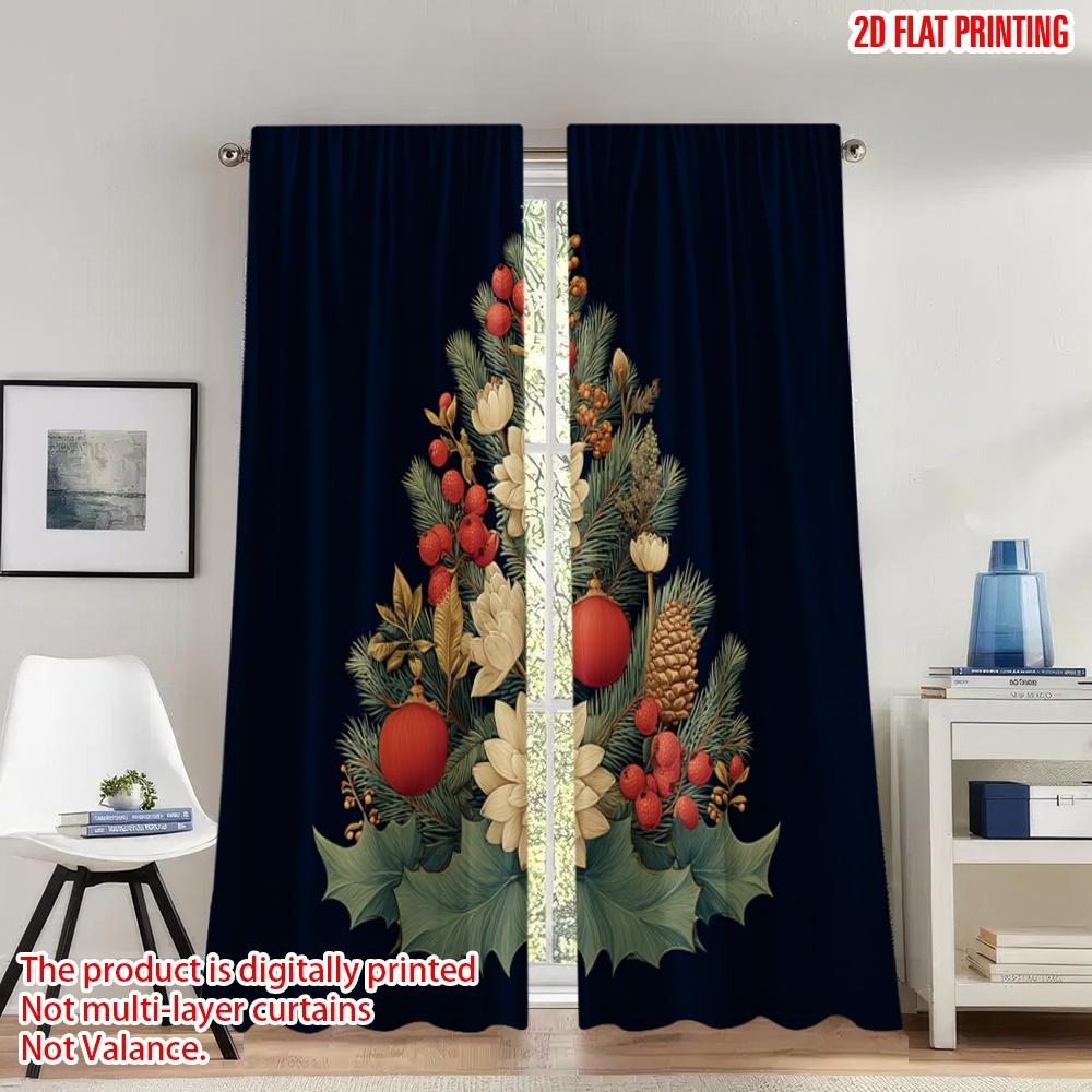 

Set Of 2 Flat Printing Merry Christmas Curtains Pine Tree Ornaments Digital Printed Polyester Drapes Birthday Party Curtain W100*H70(CM)-Hooks&1PCS