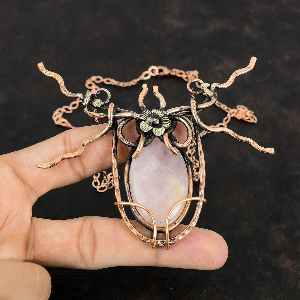 Rose Quartz Necklace Copper Wire Wrapped Necklace Adjustable Chain Necklace Copper Wire Jewelry Handmade Gemstone Necklace Anniversary Gifts