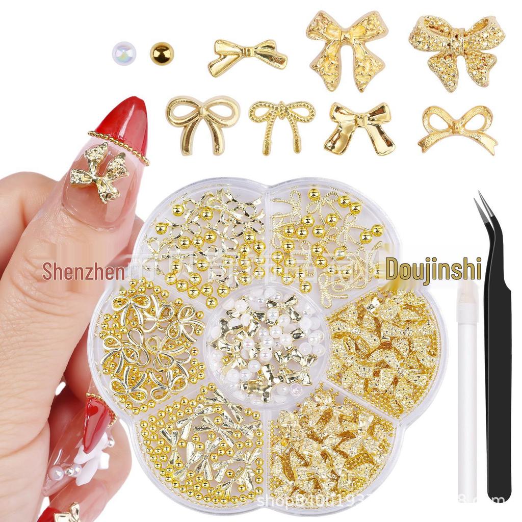 2026 Trendy Nail Art Rhinestones: Mixed Styles Metal Bow, Flat-Backed, Seven-Grids Nail Decorations