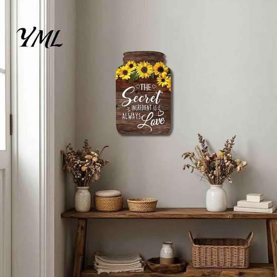 Decorative Signs for Kitchen Mason Jar Shape Wall Decoration, Wooden Art with Sunflower Print, Hanging Plaques Retro Rustic Decor Farmhouse