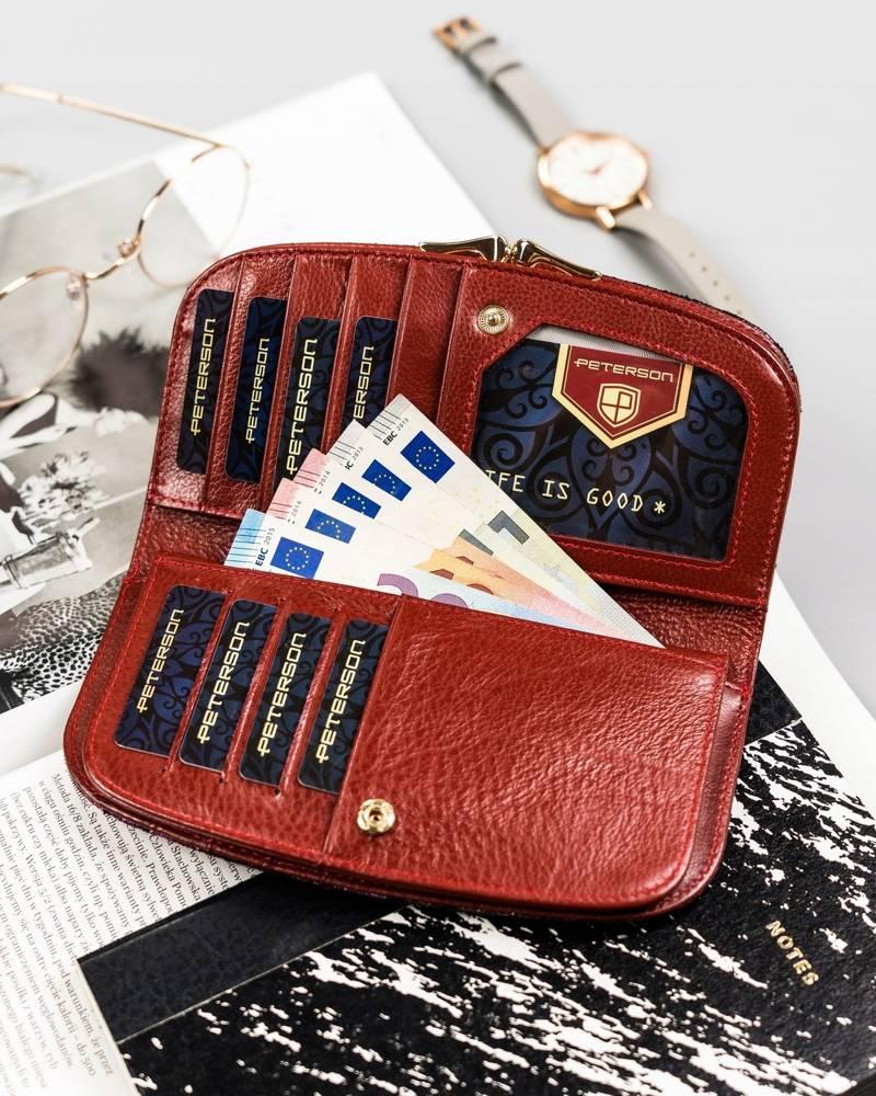 Large, Roomy Wallet Made of Genuine Leather with a Floral Pattern - Peterson