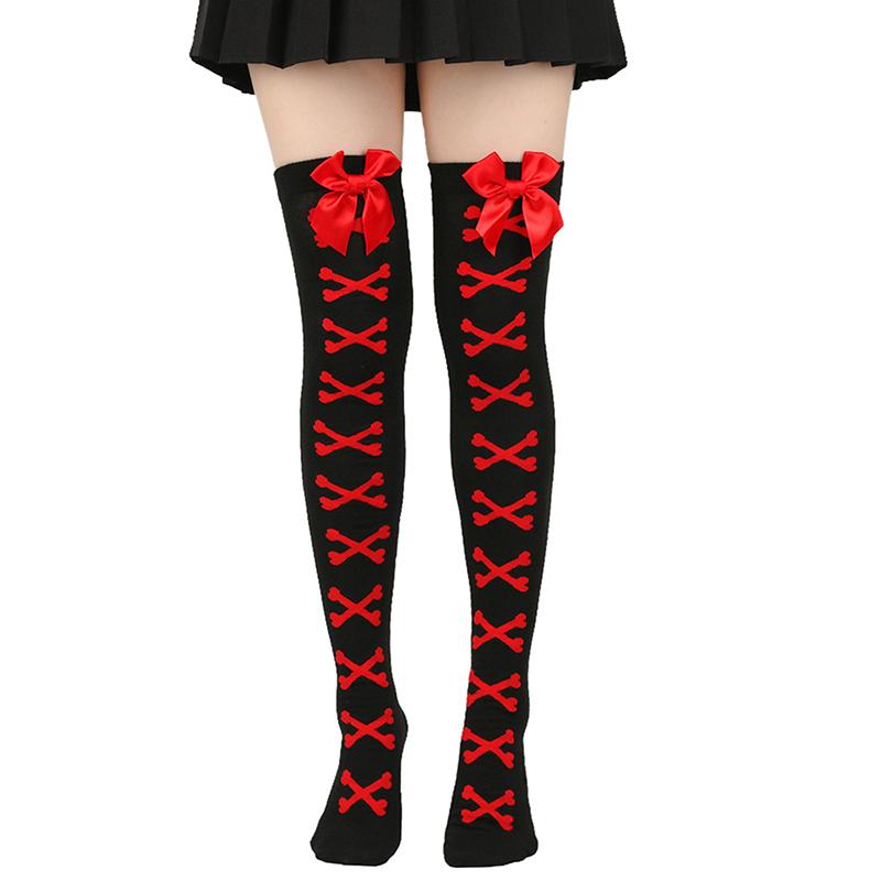 1 Paar Mädchen Schwarz Süß Niedlich Rosa Y2K Harajuku Lolita Oberschenkelhohe Strümpfe Mädchen Knochen Schleife Socken Streetwear