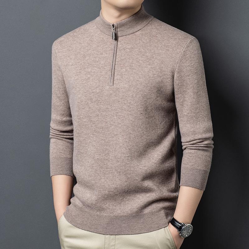 Men's 100% Pure Wool Half-Zip Thickened Sweater, High-End Solid Color Knitwear for Autumn/Winter