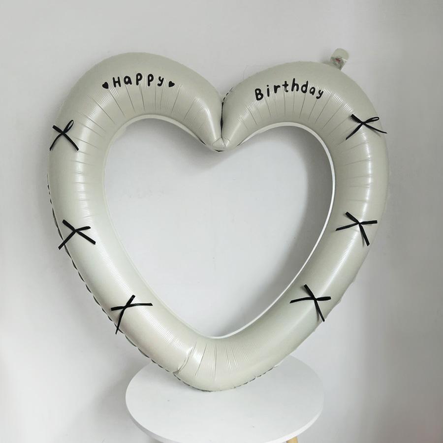 40Inch Happy Birthday Heart Photo Frame Foil Balloon with Bowknot Stickers Birthday Party Photo Props Wedding Ballon Decoration Other