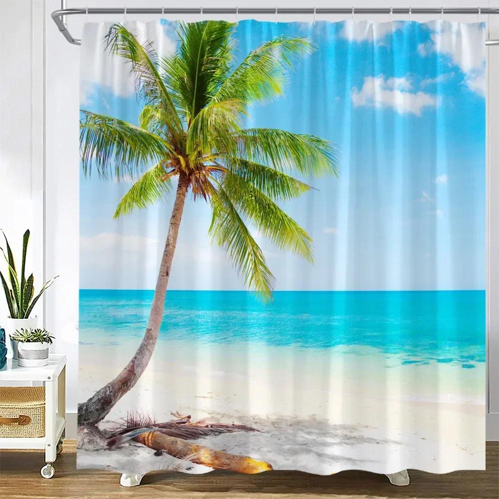 Dusk Sunset Beach Shower Curtains Tropical Ocean Palm Tree Forest Waterfall Nature Scenery Cloth Home Decor Bathroom Curtain Set