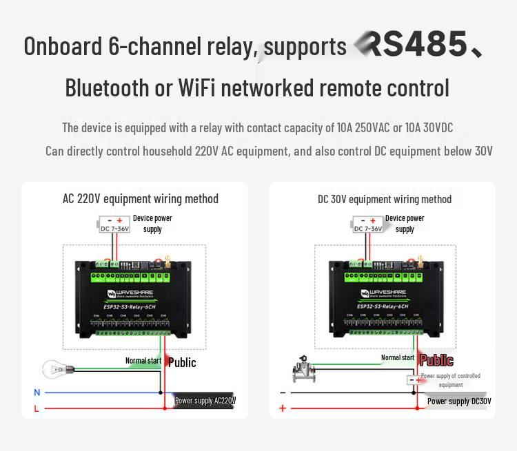 ESP32-S3 Industrial Isolated 6-Channel Network Relay Module with WiFi, Bluetooth 5, RS485, Dual-Core.