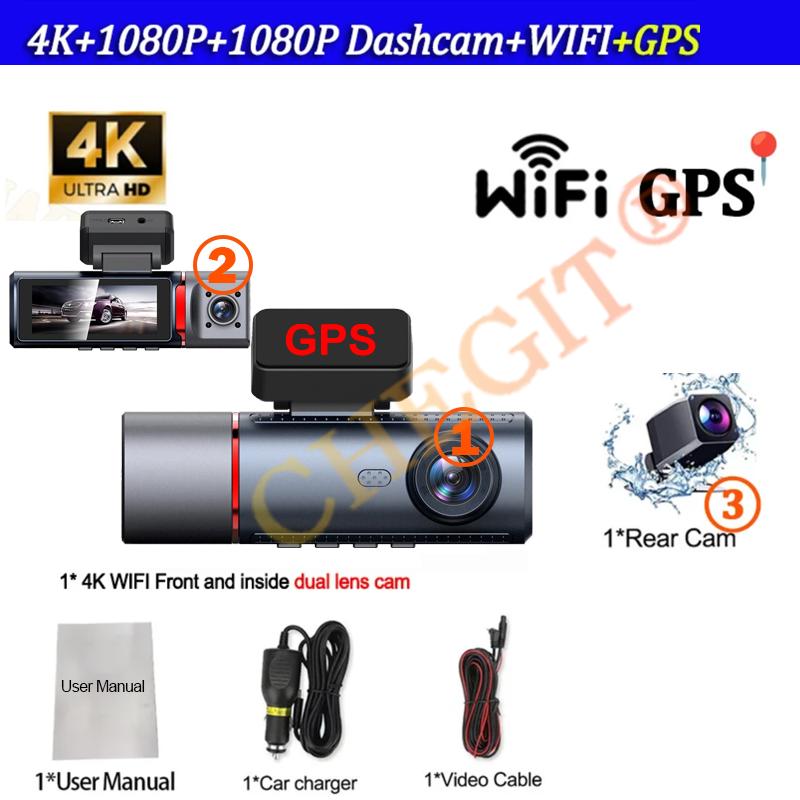 4K Car Dash Cam 3 Channels Video Recorder WIFI GPS Car DVR Parking Monitor Front With Rear View Night Vision Black Box for Car
