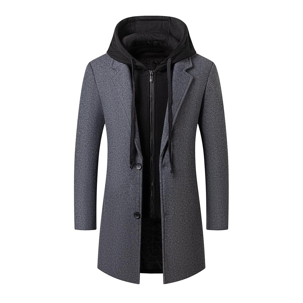 Korean-Style Men's Wool Blend Mid-Length Coat with Removable Hood