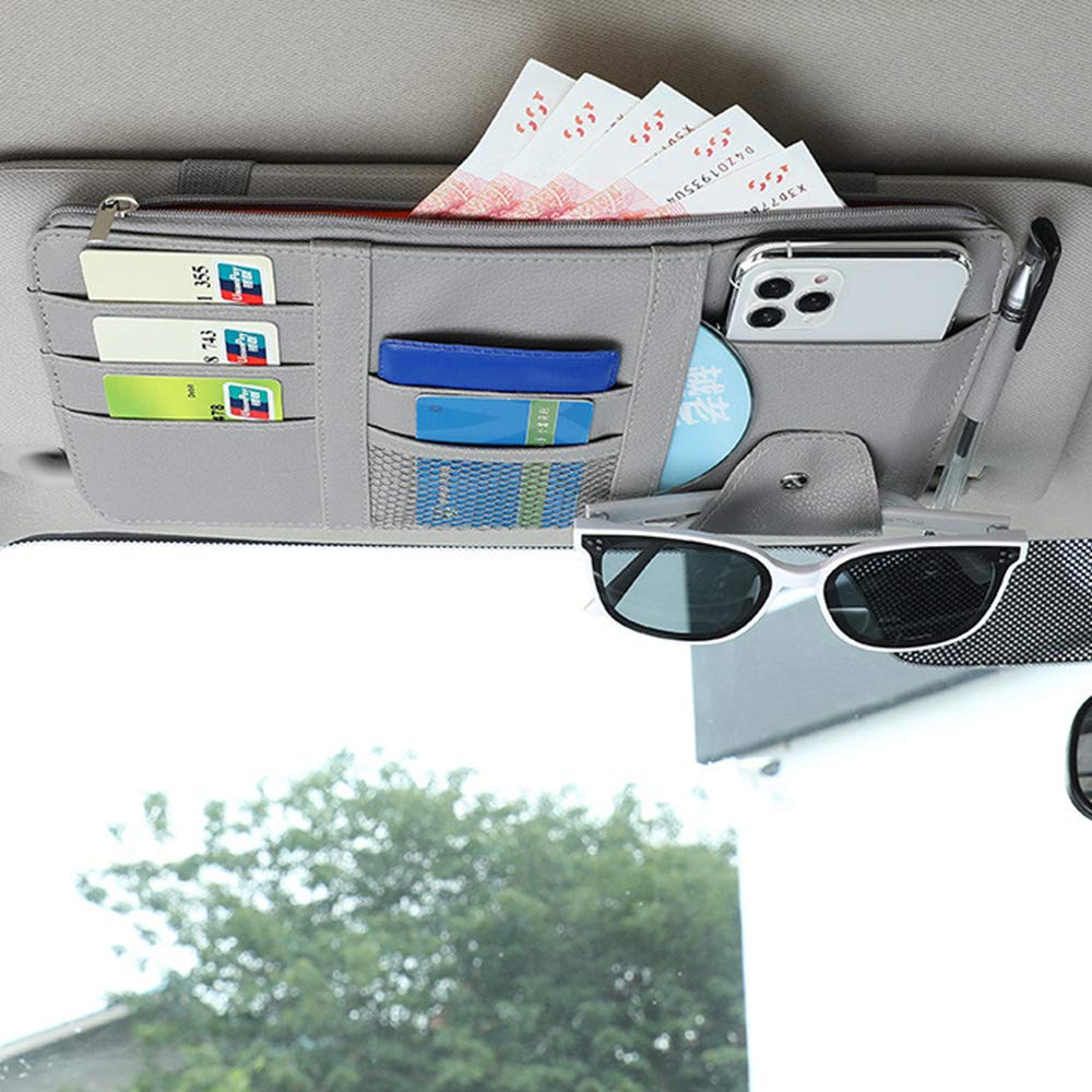 

Карман для солнцезащитного козырька Lovesole для автомобиля, сумка для хранения из искусственной кожи, многофункциональный карманный держатель для хранения, простая установка, кабель для карт для смартфонов и солнцезащитных очков серый