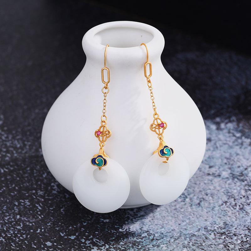 New In Natural An White Jade Round Tassel Earrings For Women Court Style Auspicious Clouds Enamel Exquisite Chain Jewelry