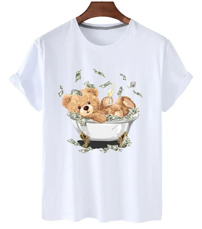plus Size Trendy Teddy Bear Graphic Tee Casual Short-Sleeved T-Shirt Polyester Fabric Summer Top for Men