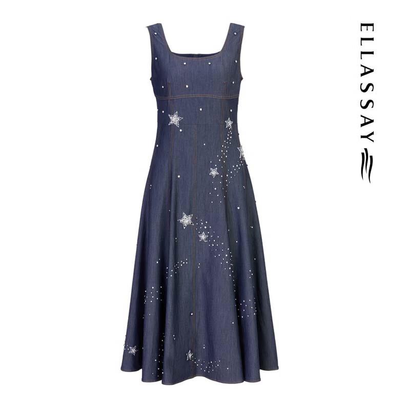 ELLASSAY Simple Print Denim Starry Sky Dress