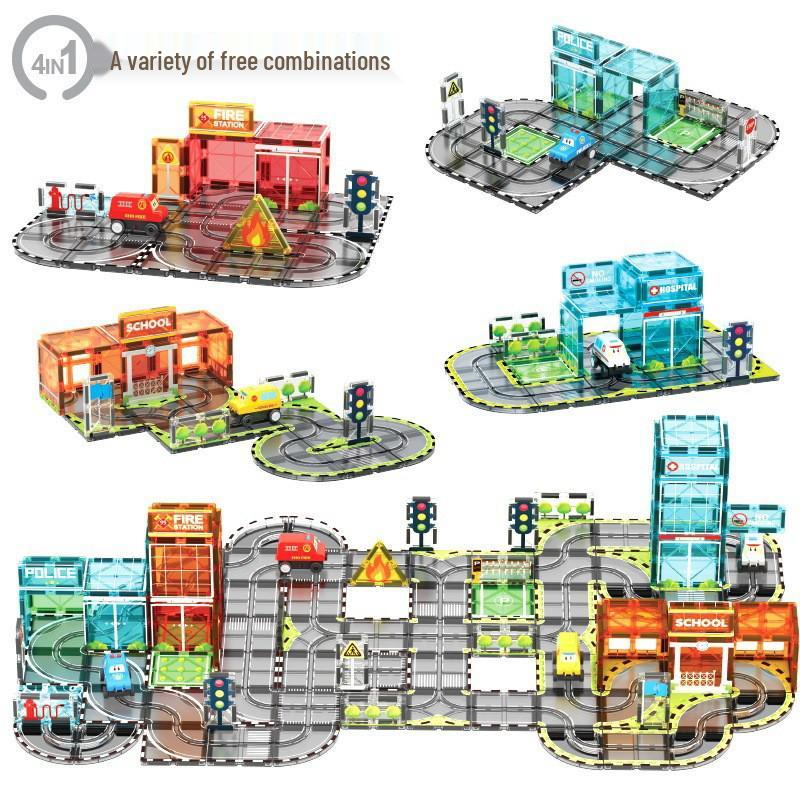 Magnetic Building Blocks & Electric Track Car City Set: Stained Glass Educational Toy for Kids