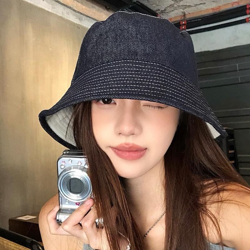 Retro double-sided can wear denim bucket hat women show small face high-end sense versatile basin hat autumn and winter hat