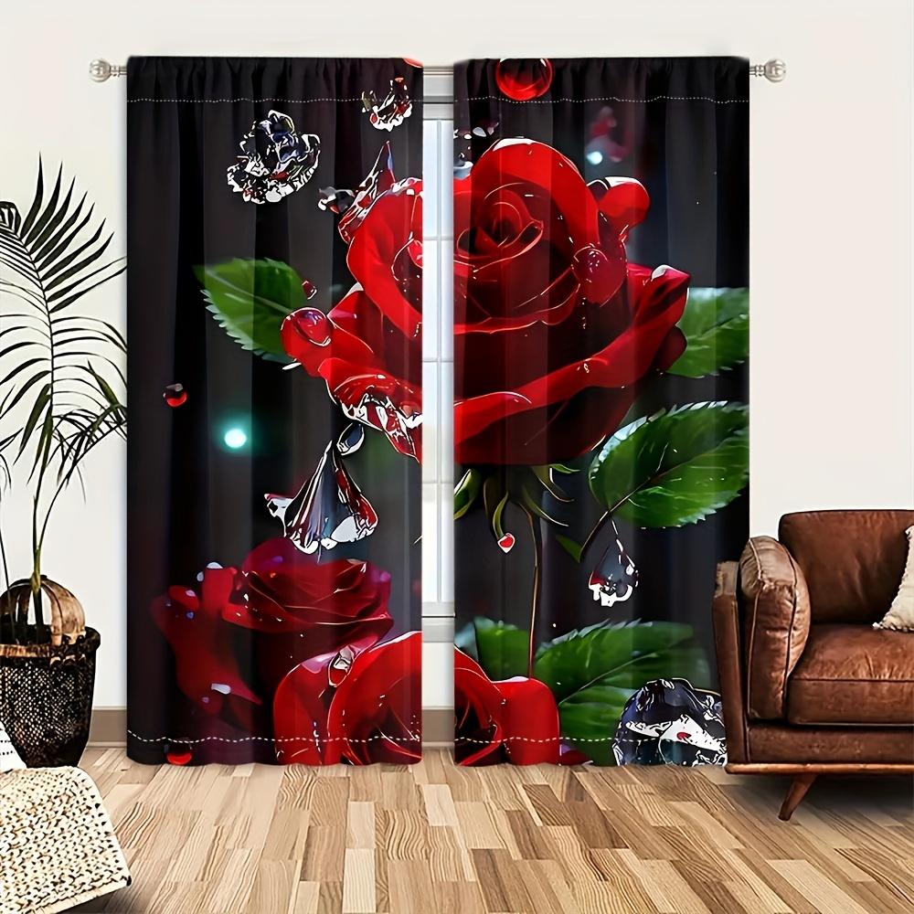 2pcs,Beautiful Red Roses Privacy Protection Living Room Curtain,Romantic Dream Creative Decoration,Translucent Bedroom Curtain