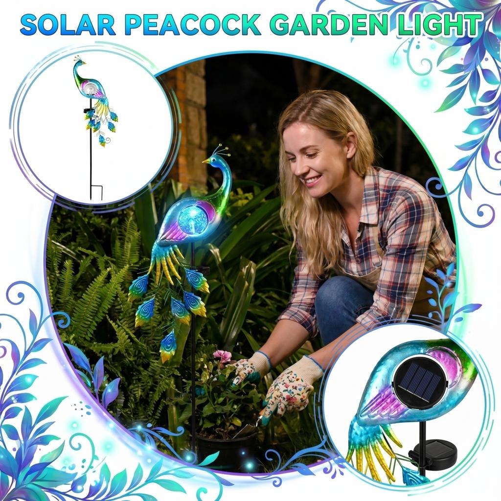 Solar Powered Outdoor Garden Light Decorative Peacock Stake Lamp with Metal Frame and LED Bulb for Yard Patio Lawn Pathway Lighting