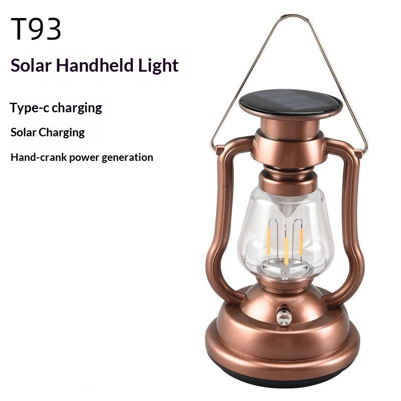 Black Solar-Powered Hand-Cranked LED Camping Lantern Antique-Style Vintage Garden Outdoor Tent Light Portable