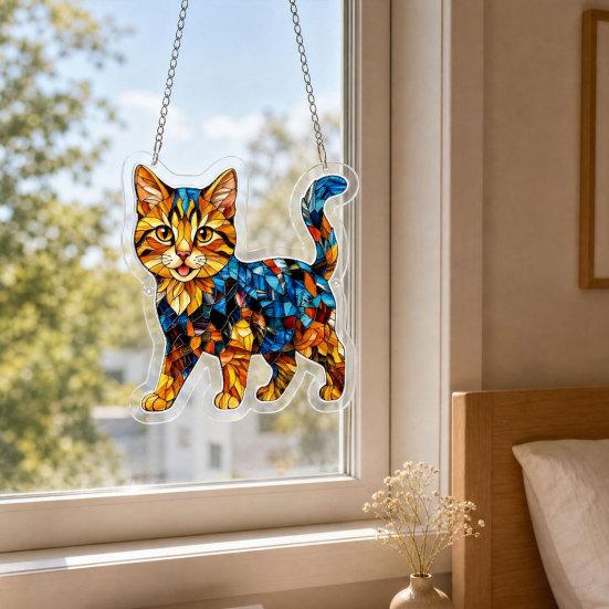 Cat Stained Glass Pendant with Easy Hang Style Suncatcher Acrylic Metal Chain Window
