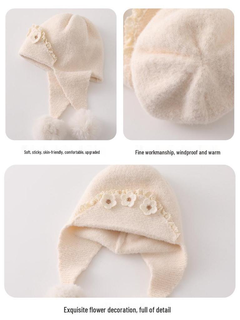 Cozy Floral Knit Wool Hat with Ear Protection for Baby Girls - Autumn/Winter