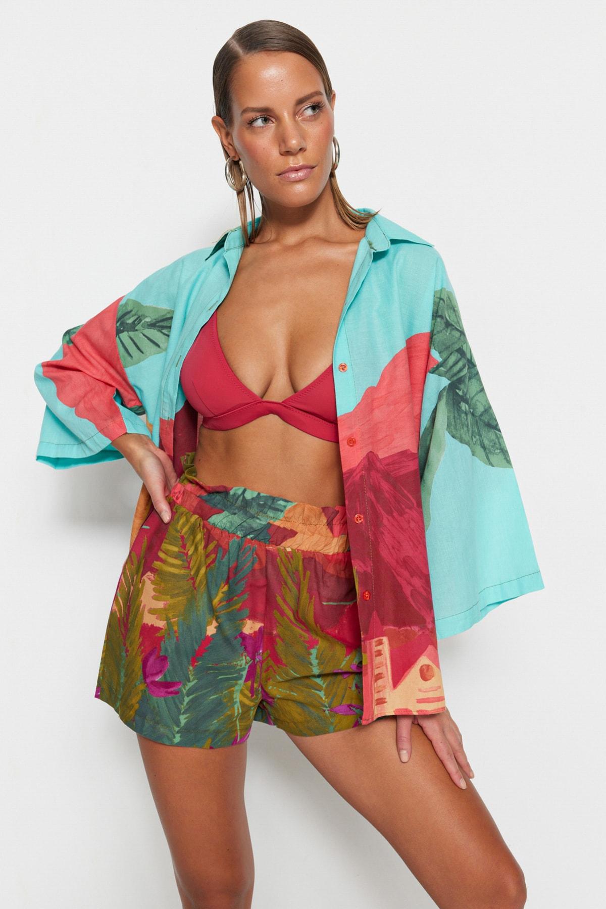 

Women s Bottom-Top Set Fashion New Season Landscape Patterned Woven 100% Cotton Shirt Shorts Set XS слюда кольору