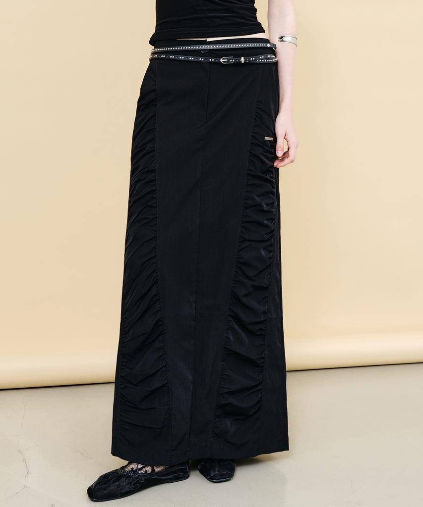 Nigaennikol Shirring Panel Long Skirt_Black