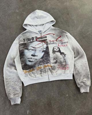 Y2K American Style Zipper Style Hooded Gray Sweatshirt Jacket, Thick and Sturdy, Warm Sweatshirt
