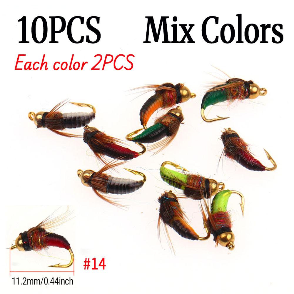 

10 шт. #12#14 быстро тонущие латунные бусины головки латексные реалистичные нимфы куколки черви искусственные насекомые нахлыст приманка для ловли рыбы жёлтый