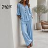 Breathable Summer Pants 2 Piece Sets for Women, Casual Ruffle 3/4 Sleeve Buttons V Stretchy Waist Neck Top And Wide Leg Matching Set, Loose