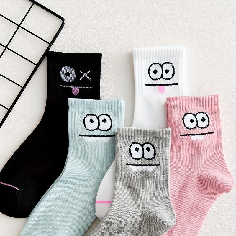 5 Pairs Women's Cartoon Face Socks - Breathable Mid-Calf with Playful Eyes Nose Mouth, Pastel Spring Fall Cute Socks