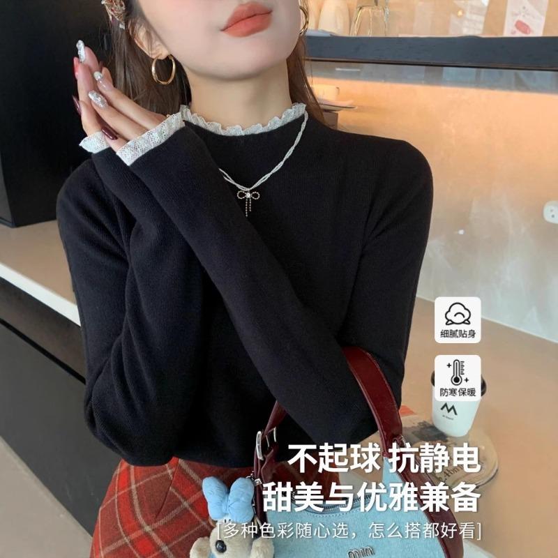 Semi-turtleneck sweater bottoming shirt women's autumn and winter new fashion slim-fitting inner lace top knitted sweater