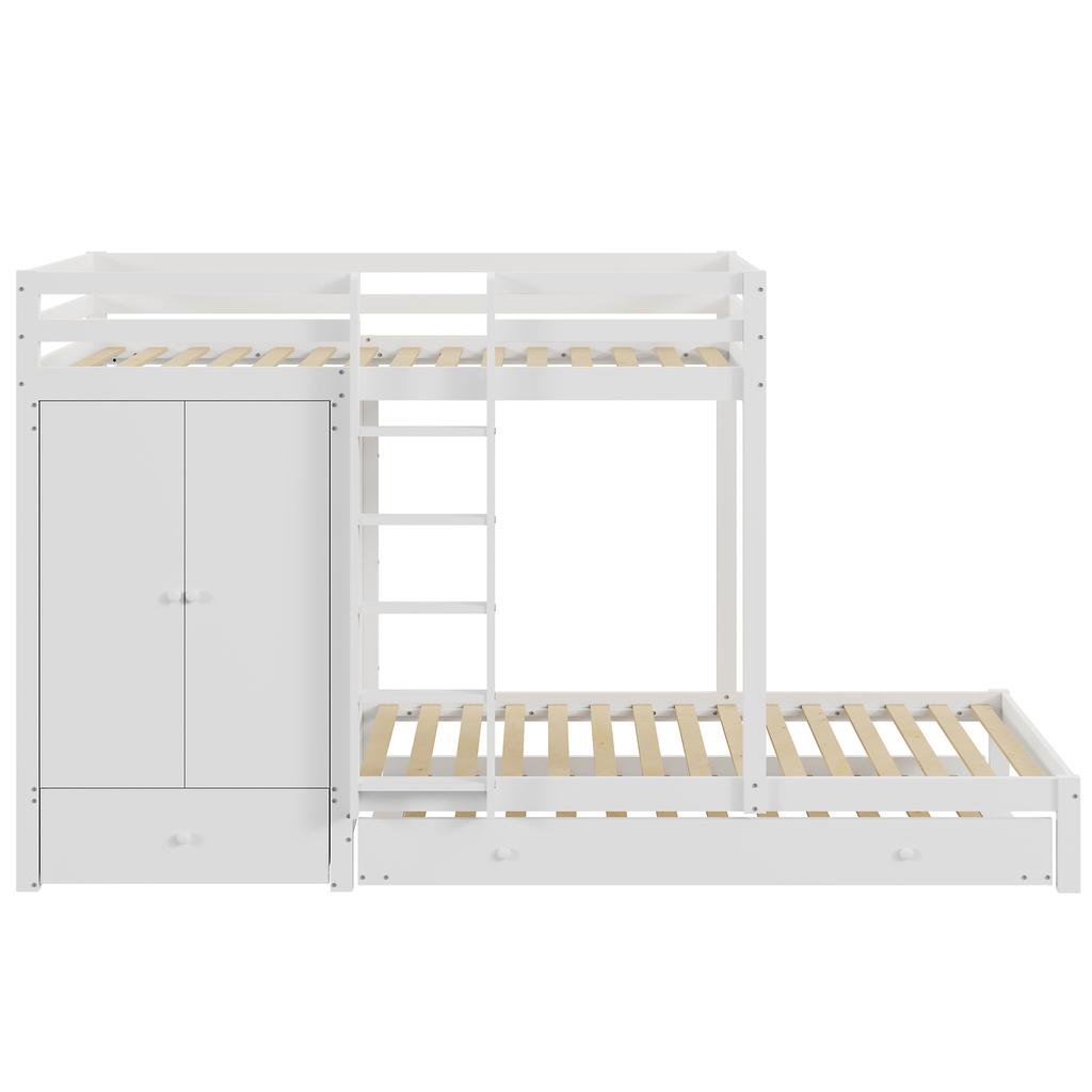 Massivholz-Etagenbett 90*200 mit Ausziehbett, Multifunktionales Kinderbett mit Kleiderschrank, Schubladen und Staufach, Weiß
