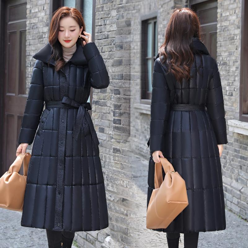 Long over-knee glossy loose down cotton clothes medium and long winter new hooded jacket